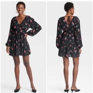 A New Day Black Floral Wrap Midi Dress Long Sleeve Women’s Medium Fall